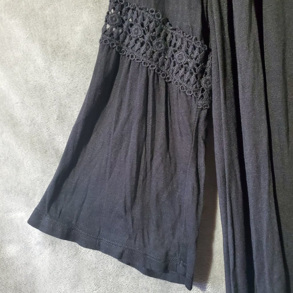 John Paul Richard Button Down Boho Bell Sleeve Overshirt w/Lace Black S - Picture 2 of 9